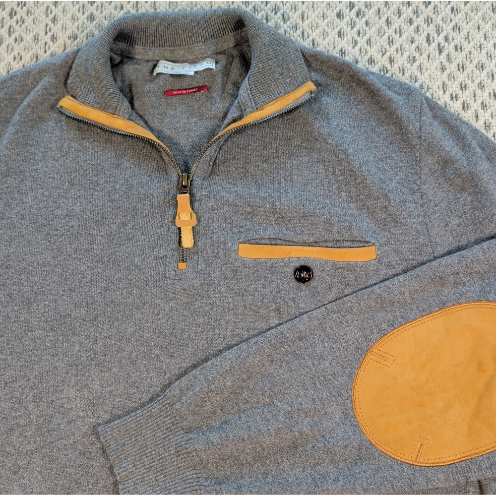 Gray Cashmere Blend 1/4 Zip Sweater w Tan Elbow Patches Mens M The Field EUC